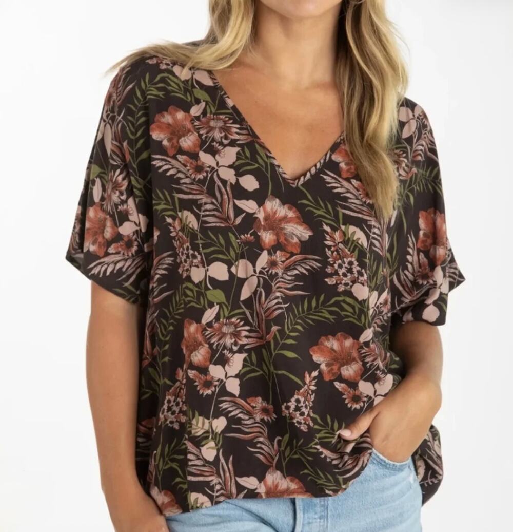 Natural Life Easy V-Neck Floral Top Brown Boho Tropical Size Small